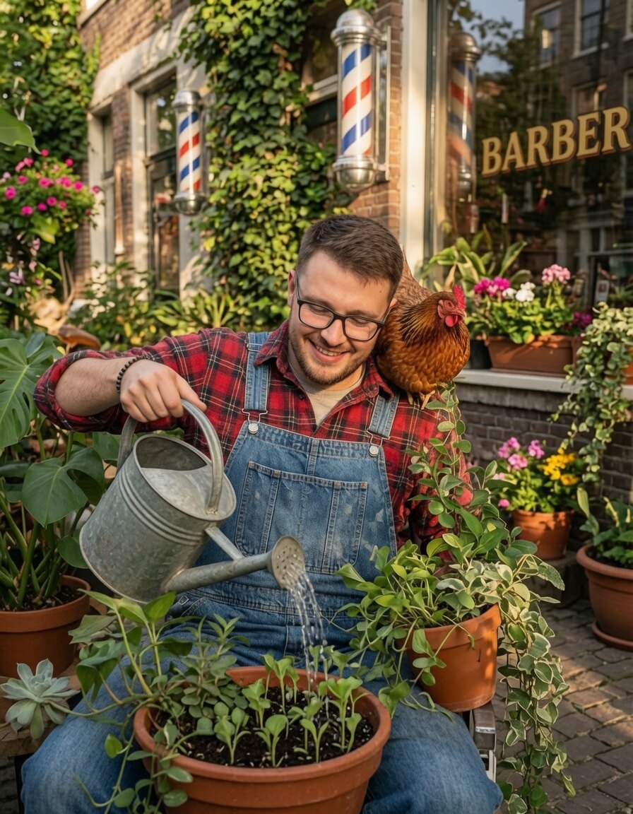 Chris watering plants outside the barber shop with a hen on his shoulder