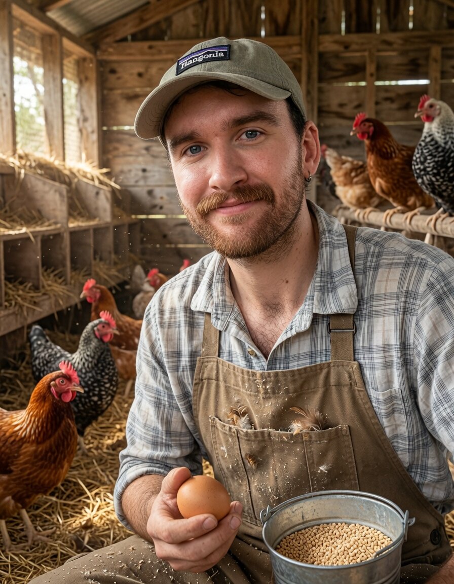 Ned caring for hens inside their wooden coop
